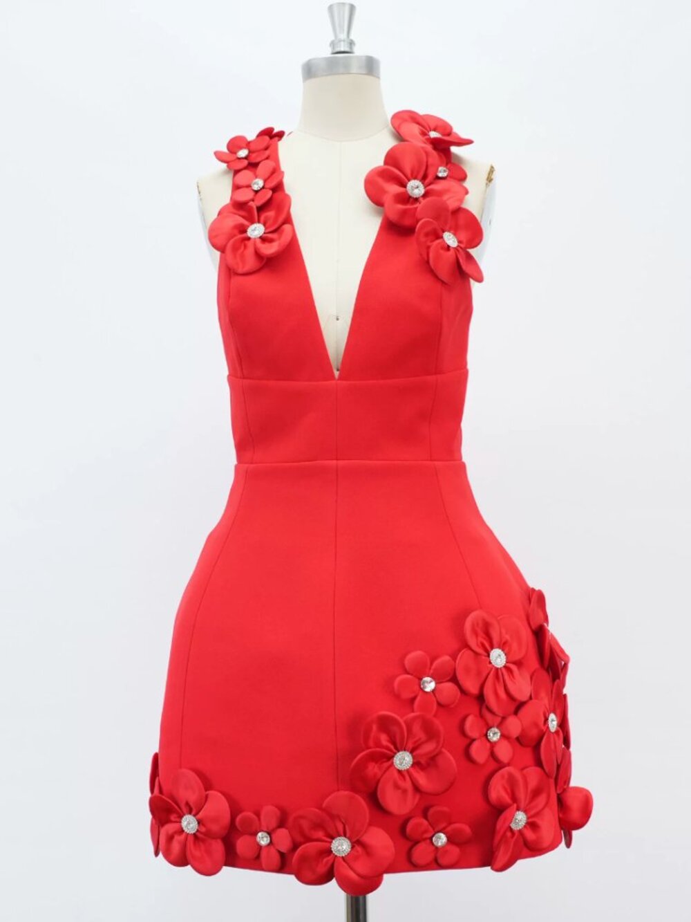 Bronx and Banco Estelle Mini Dress XS/S/M Red 3d Floral V-neck Party Cocktail - Picture 5 of 10